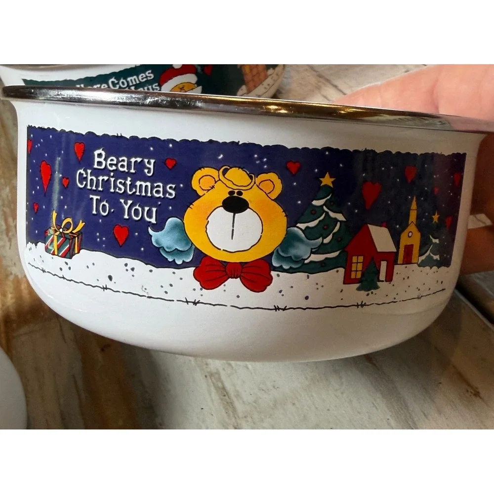 Vintage Christmas Enamelware Nesting Bowls Sets of 3 Santa Bear Holiday Kitchen